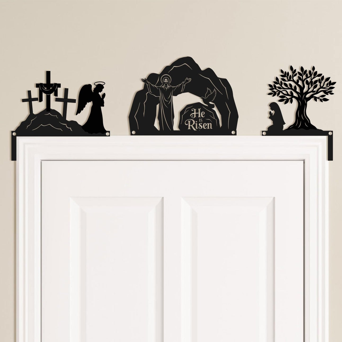 Blulu 3 Pcs Easter Door Decorations Metal He Is Risen Door Toppers Religious Easter Frame Corner Sign for Spring Christian Cabinet Shelf Window Wall Home Office Kitchen Church Decor(Religious)