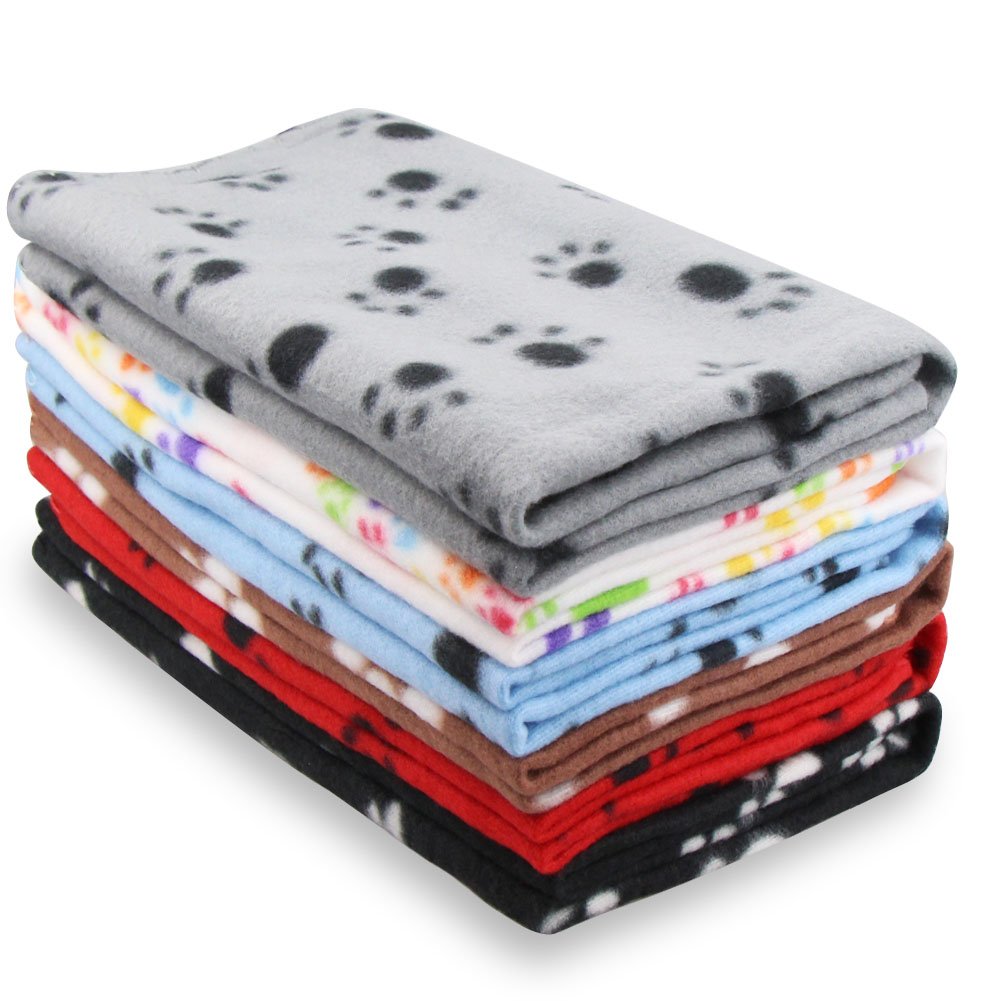 Cute Dog Cat Fleece Blankets with Paw Prints for Kitten Puppy and Small Animals Pack of 6 (Black, Brown, Blue, Grey, red and White)