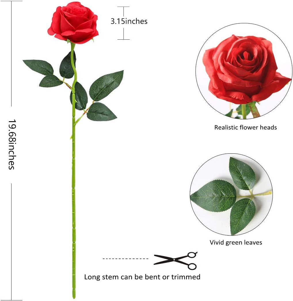 FLORRALIA Red Fake Roses Artificial Flowers - 10 Pcs Fake Artificial Roses Silk Flowers with Stems for Home Wedding Hotel Office Centerpiece Decor