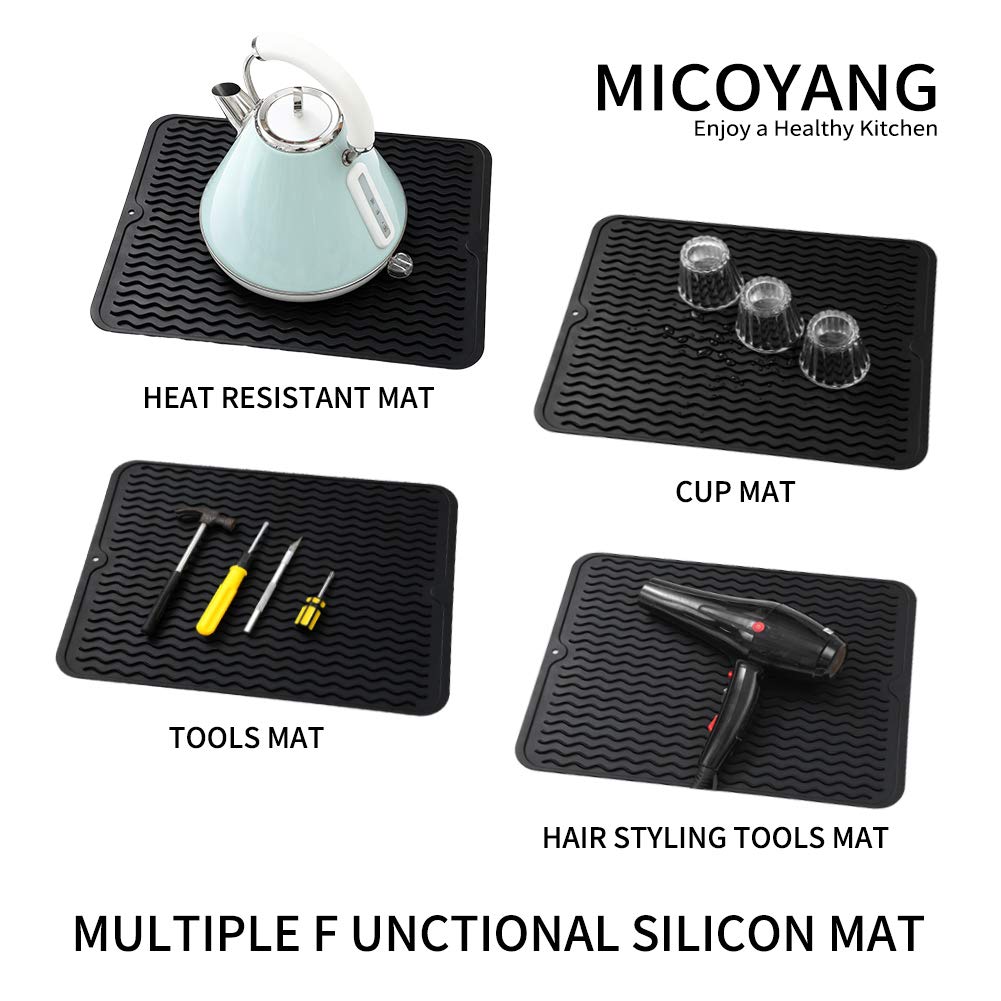 Silicone Dish Drying Mat for Multiple Usage,Easy clean,Eco-friendly,Heat-resistant Silicone Mat for Kitchen Counter or Sink,Refrigerator or drawer liner Black L 16 inches x 12 inches