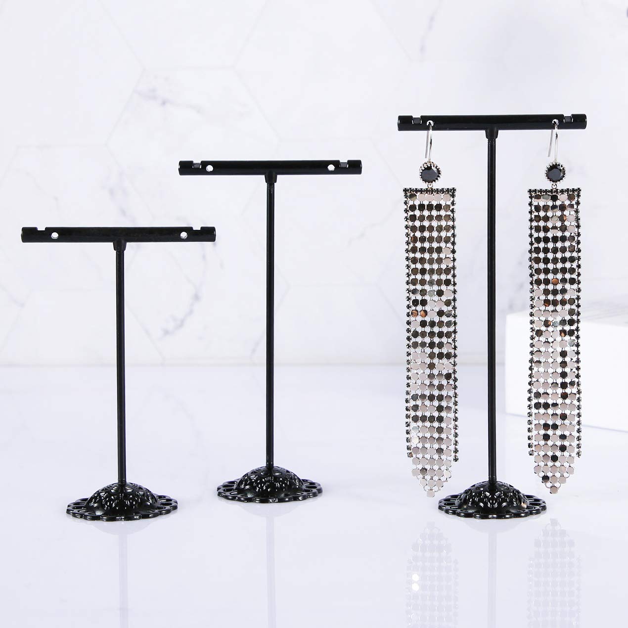 AUTODECO Black Earring T Shape Stand Detachable Metal Earring Display Storage Rack for Photography Jewelry Props Show Closet Retail Store Display 3 Pcs, T Shape