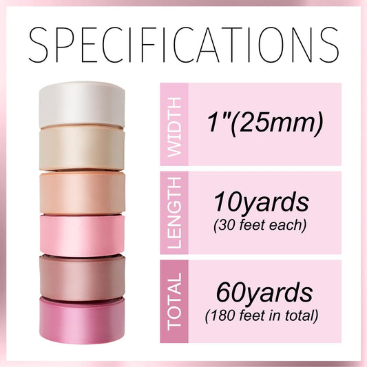 Pink Satin Ribbon 1 Inch Wide Light Pink Blush Pink Dusty Rose Ribbon Assorted Solid Color Double Faced Satin Ribbon for Flower Bouquet Wedding Invitation Crafts Gift Wrapping Hair Bows - 60Yds