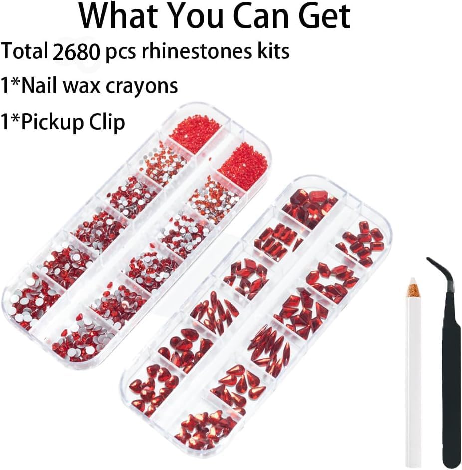 2680 Pcs 3D Red Nail Rhinestones, 120Pcs Big Red Glass Crystal Nail Gems Stones Charms Stones with Bling Diamond Flatback Round Beads, Clear Charm Jewelry for DIY Face Craft Decoration