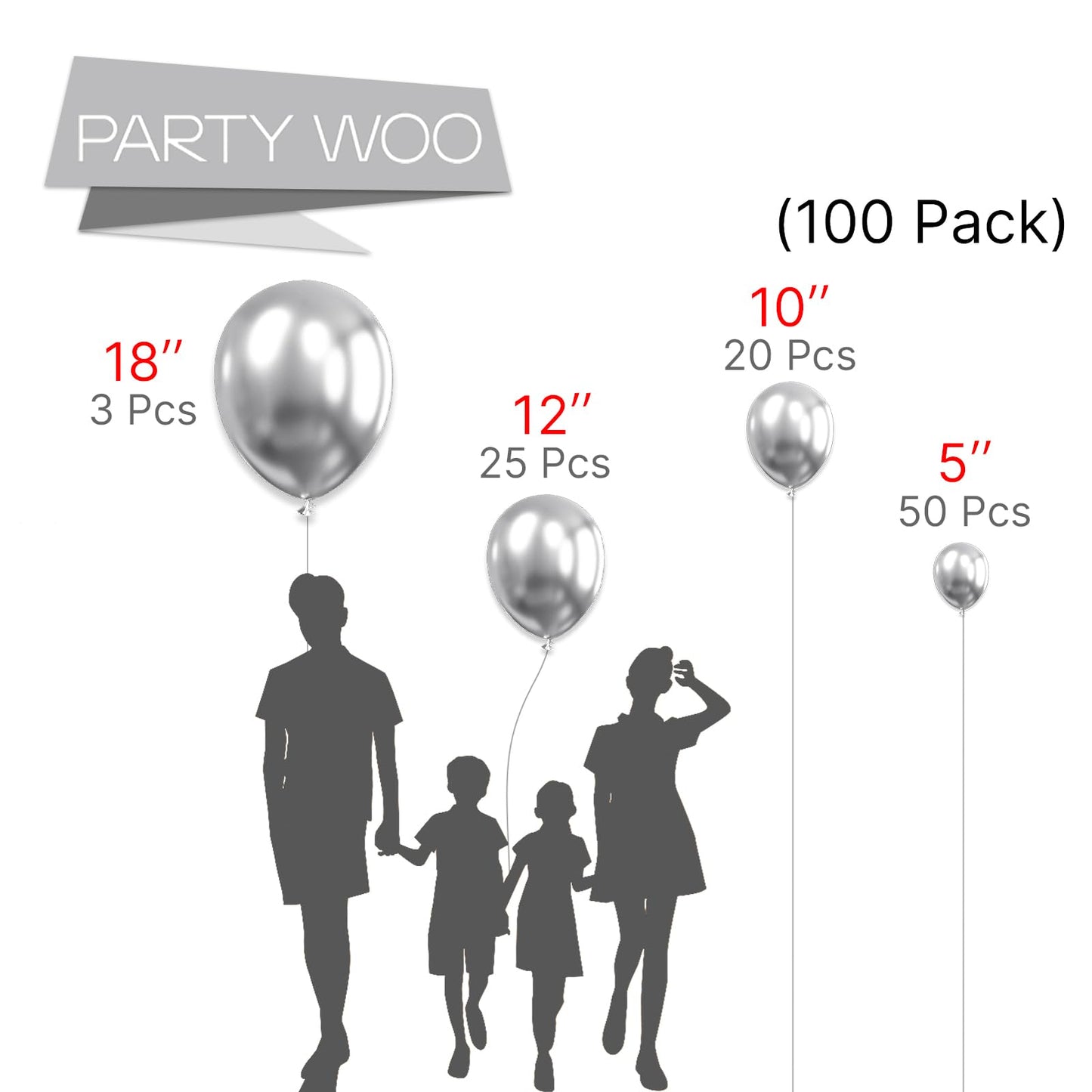 PartyWoo Metallic Silver Balloons, 100 pcs Silver Metallic Balloons Different Sizes Pack of 18 Inch 12 Inch 10 Inch 5 Inch Silver Balloons for Balloon Garland Arch as Party Decorations, Silver-G102