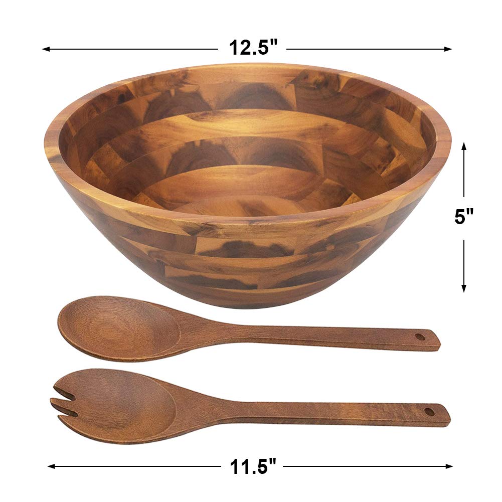 Salad Bowls, Wooden Salad Bowls Set, Large Acacia Wood Serving Bowl for Fruits, Salad, 12.5" Big Salad Bowl with Serving Utensils