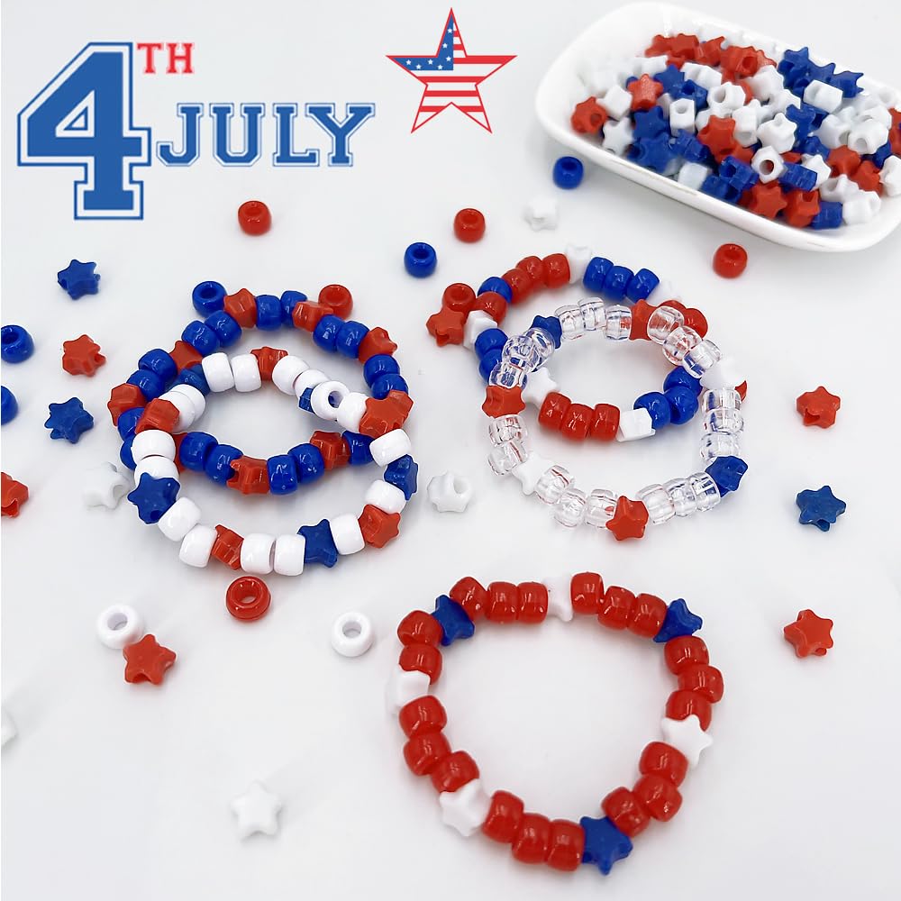 MIIIM 1000PCS 6x9mm Patriotic Pony Beads Bulk, 7 Styles Red White and Blue Kandi Beads for Bracelets Making Kit, Hair Braids Crafts for Jewelry Making (4th of July)