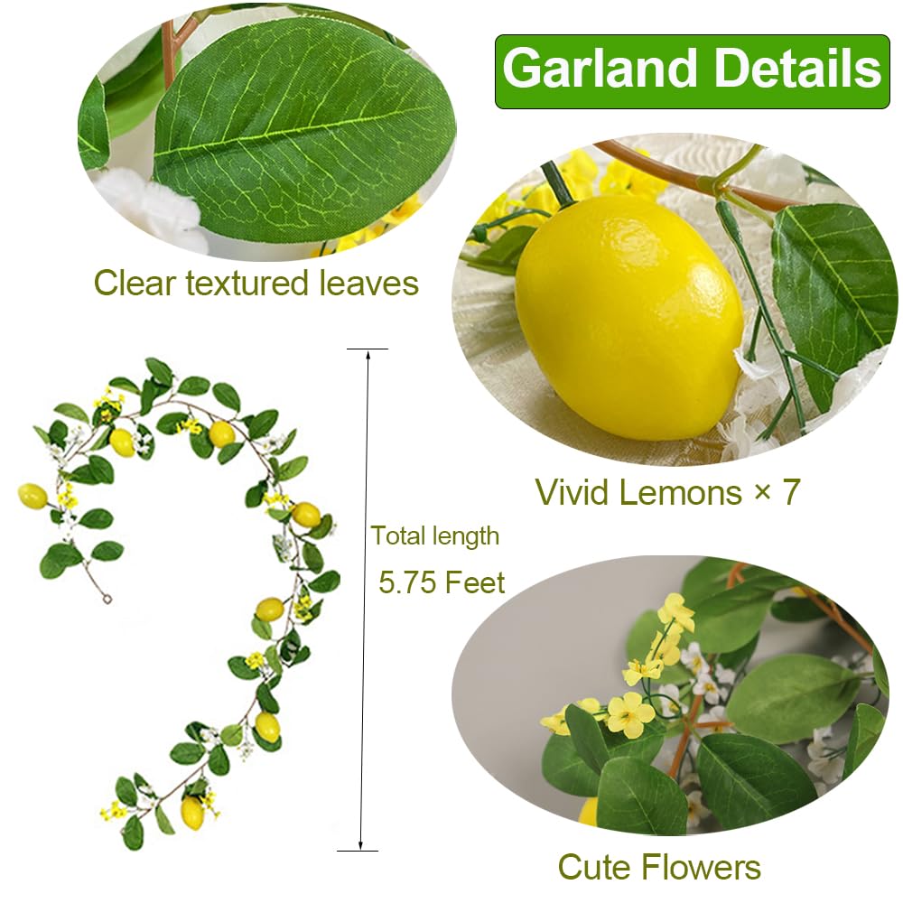 Hamifinee Artificial Lemon Garland with Fairy Lights Spring Summer Greenery Lemon Vine Plant Vivid Fruit Dense White and Yellow Flowers Hanging Wreath for Home Garden Wedding Party Christmas Décor