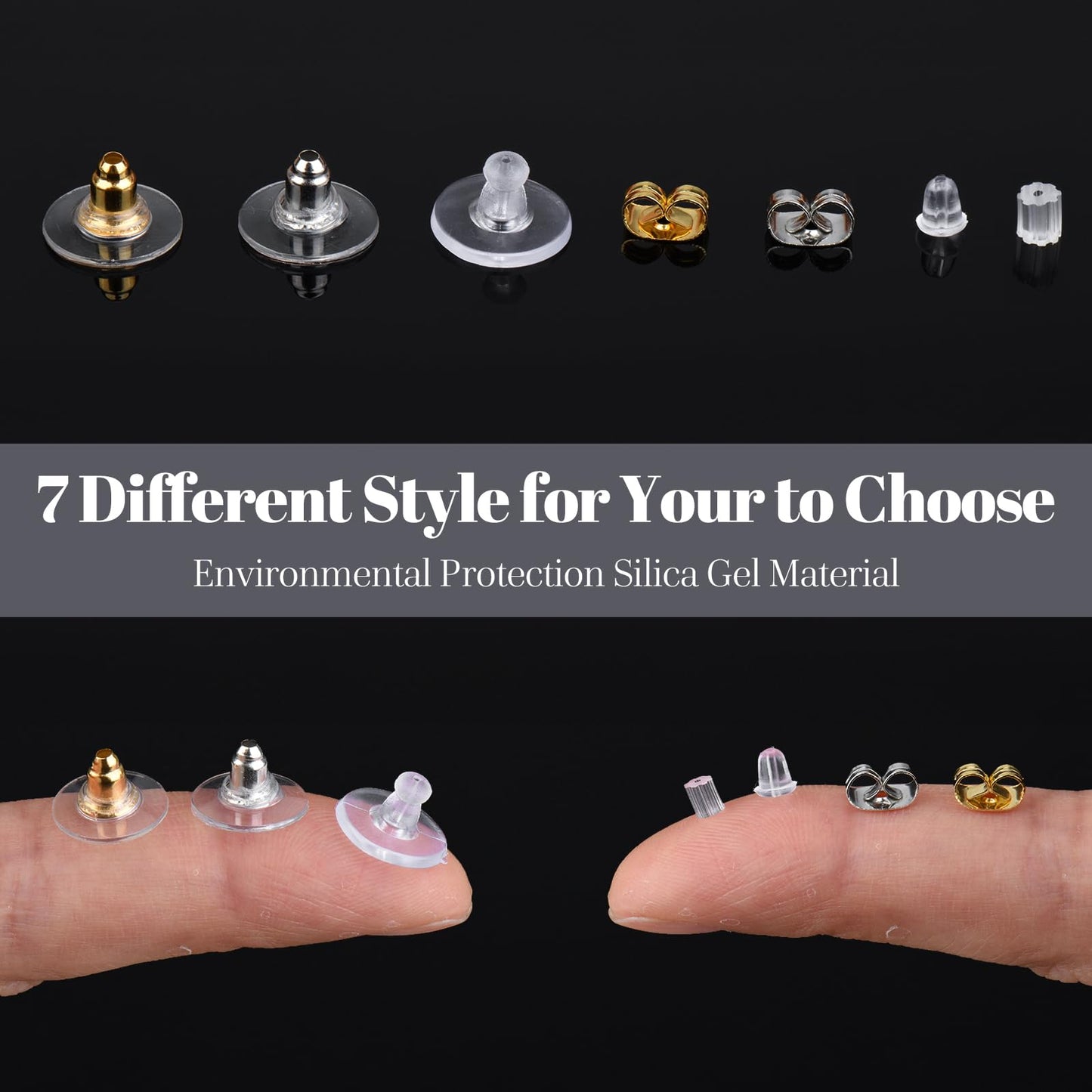 7 Styles Silicone Earring Backs Replacements for Studs/Droopy Ears/Heavy Earring,550Pcs Metal Clear Hypoallergenic Plastic Rubber Backings Clutch Stoppers for Fish Hook Studs Hoops