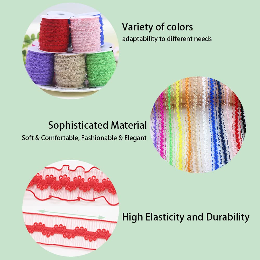 JESEP YONG 120 Yards Elastic Ruffle Ribbon for Sewing Assortment Organza Lace Trim 3/4 inch Stretch Crochet Craft Lace Trim Band Clothing and Garment for DIY Headband-Clothes-Bonnets-Hat