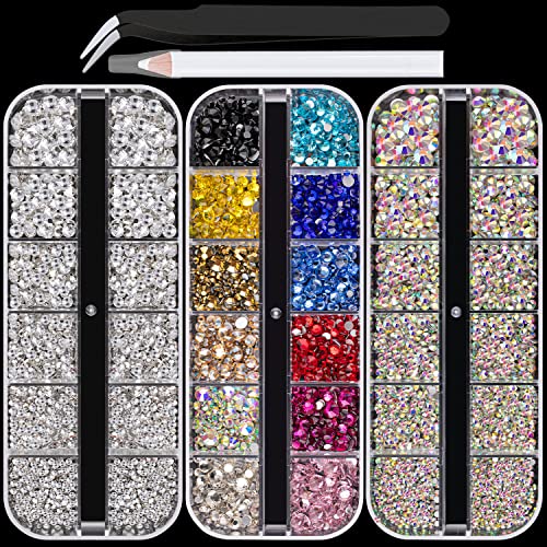 AB and Clear and Mixed Color Flatback Round Rhinestones Kit, Multi Size Glass Crystals Bead with Pickup Pencil and Tweezer for DIY Nail Art