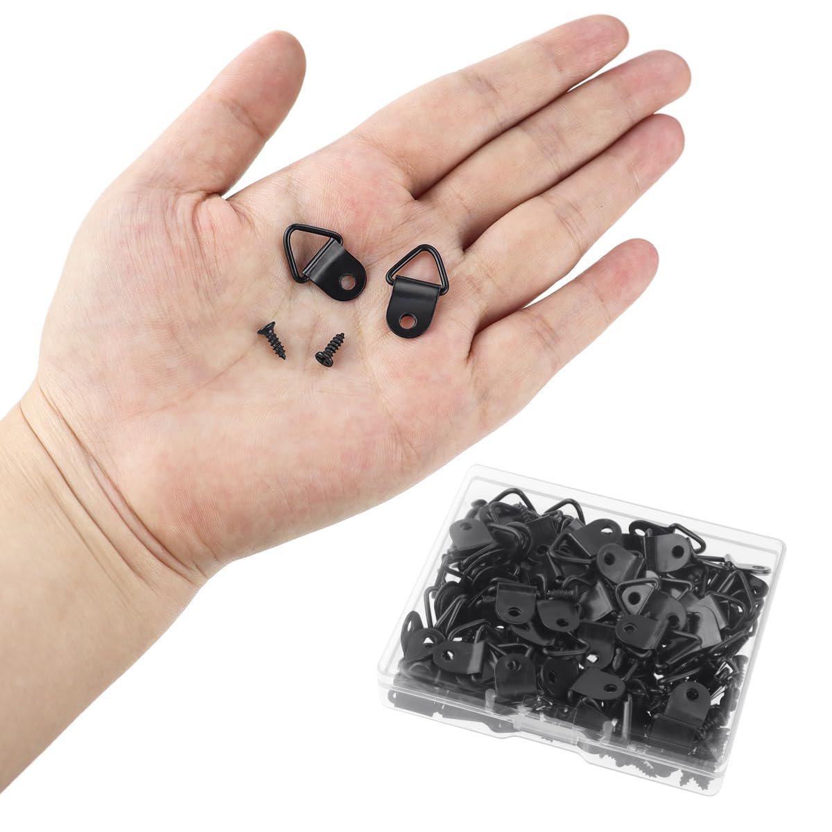 100 Pack Steel Picture Hangers with 100pcs 8mm Screws, Small Triangle Ring, Light Duty D Rings for Clock, Decoration, Mirror, Paintings, Artwork Picture Frame (Black)