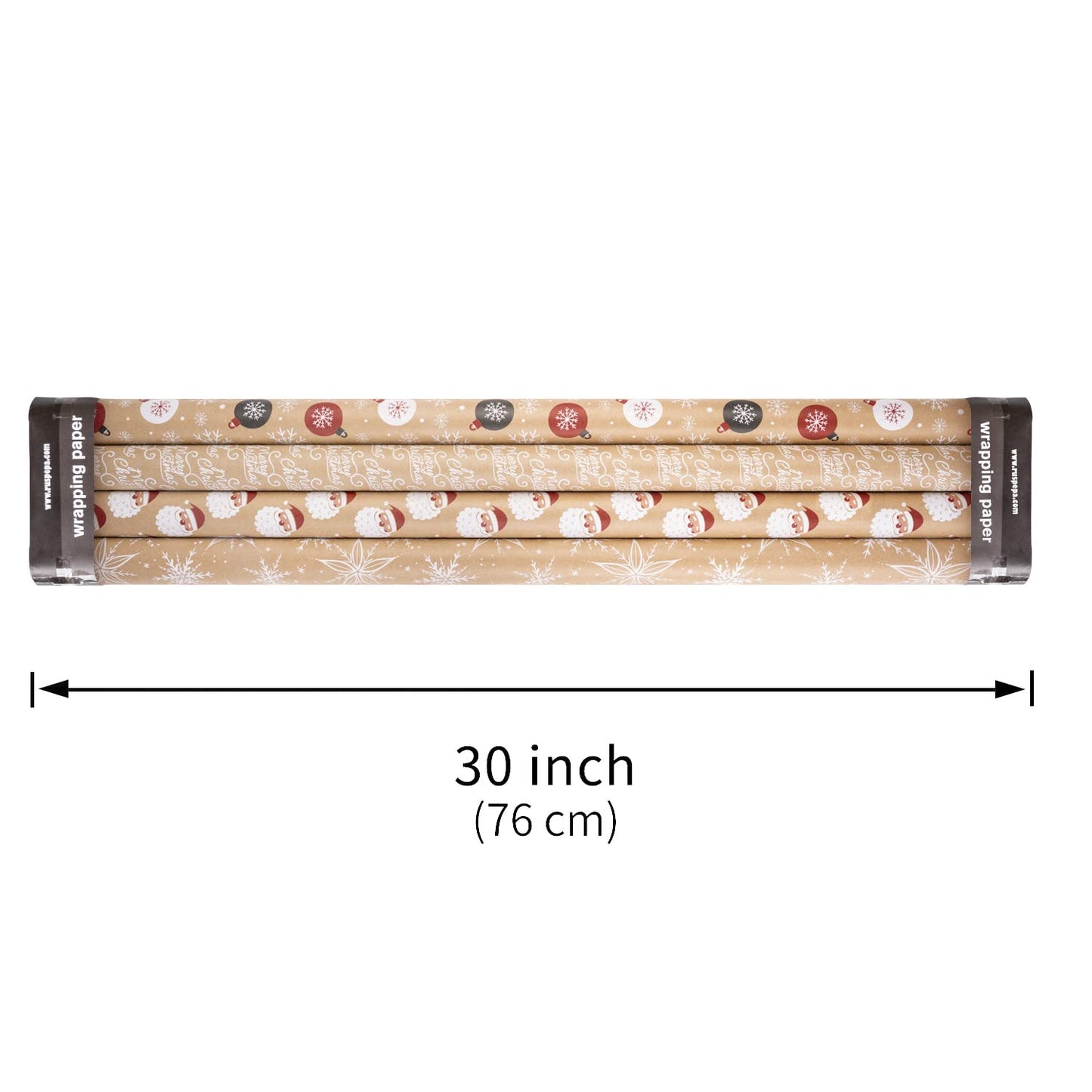 Christmas Wrapping Paper, Kraft Paper - Santa Claus, Snowflake, Christmas Ball and Merry Christmas - 4 Rolls - 30 inches x 10 feet per Roll