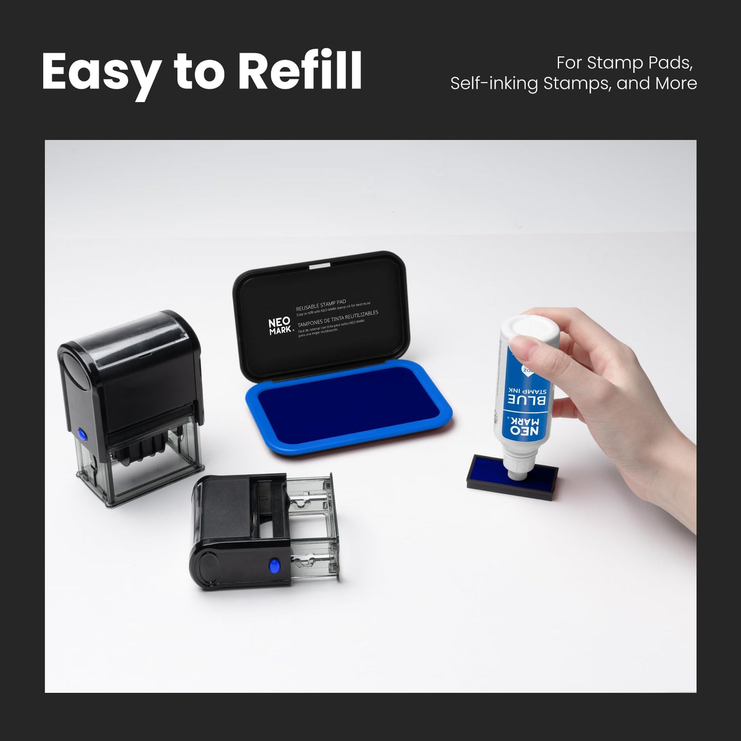 NEO MARK Premium Stamp Ink, Quick-Drying & AP-Certified Non-Toxic Refill Ink for Self-Inking Stamps, Date Stamps and Stamp Pads (Blue, 2oz)