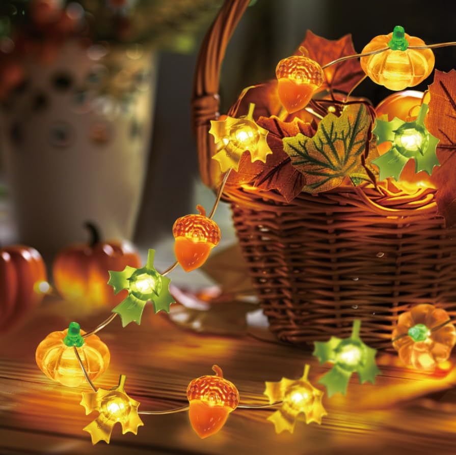 Coquimbo Fall Decorations for Home, 10ft 30 LED Pumpkin Maple Leaf Lights Battery Operated Fairy String Lights Autumn Harvest Table Indoor Outdoor Decor Halloween Thanksgiving Party Decorations Gifts