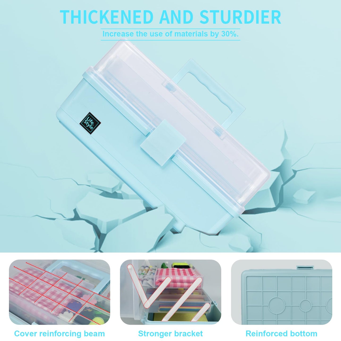 13 inch Art Craft Organizer Storage Box with 3 Layer, Multipurpose Plastic Tool Box with Handle for Sewing, Art Supply, Medicine, Nail, Hair Accessories (Blue)