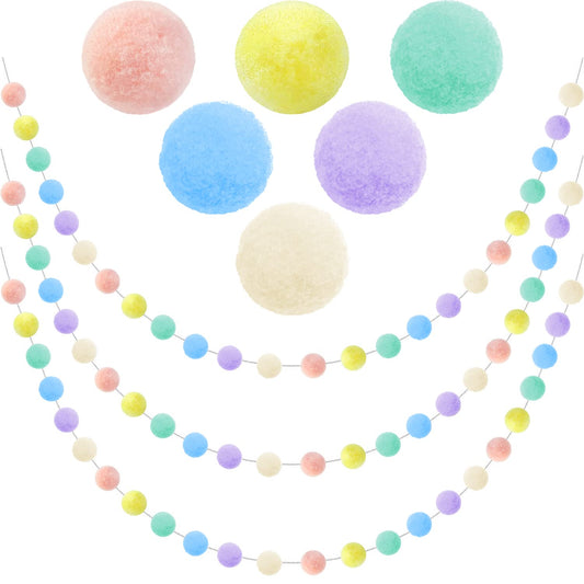 Jishi 3pk Pastel Pom Pom Garland Hanging Easter Decorations Indoor Home Decor for Living Room Wall Classroom Christmas Tree, Cute Rainbow Colorful Felt Ball Garland Baby Shower Birthday Party Supplies
