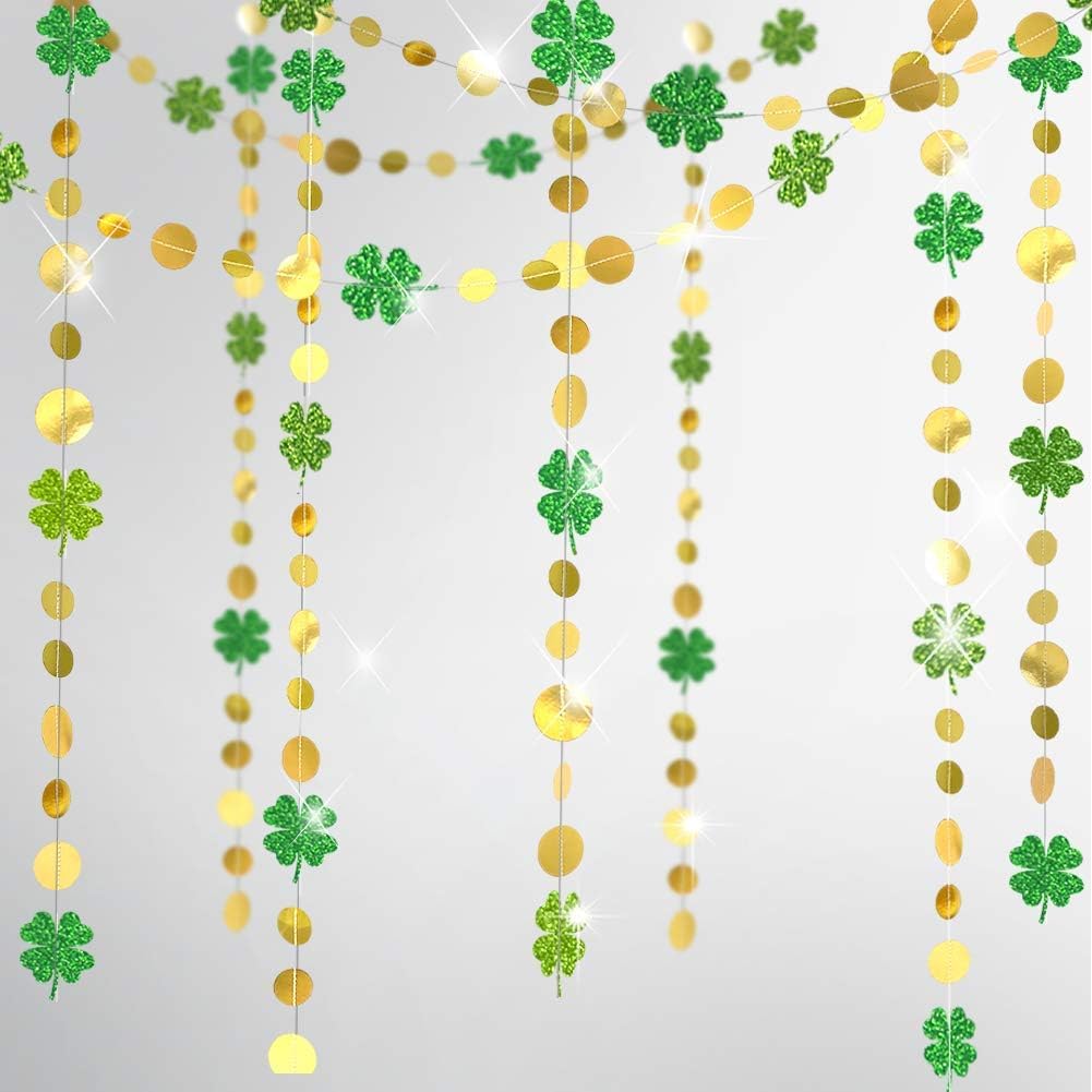 Cheerland Green Shamrock Garland St Patricks Day Decorations - 4 Leaf Clover Glitter St Paddy's Day Garland Hanging Streamers for St. Patrick's Day Irish Party Supplies and Spring Decor - 52Ft