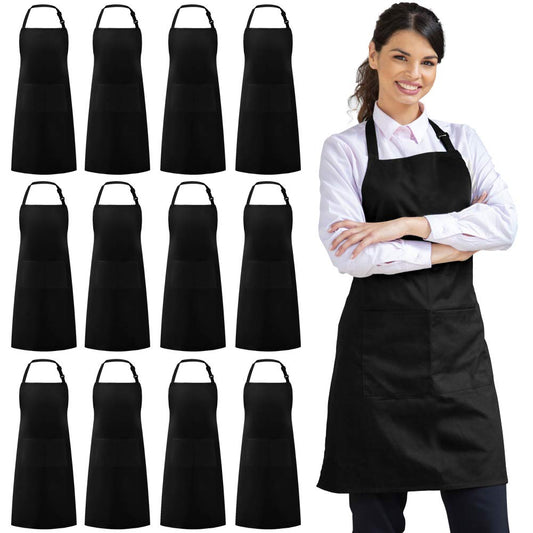 12 Pack Bib Apron, Unisex Aprons Adjustable Waterdrop Resistant with 2 Pockets Cooking Kitchen Apron for Chef, BBQ Drawing Apron Bulk, Black