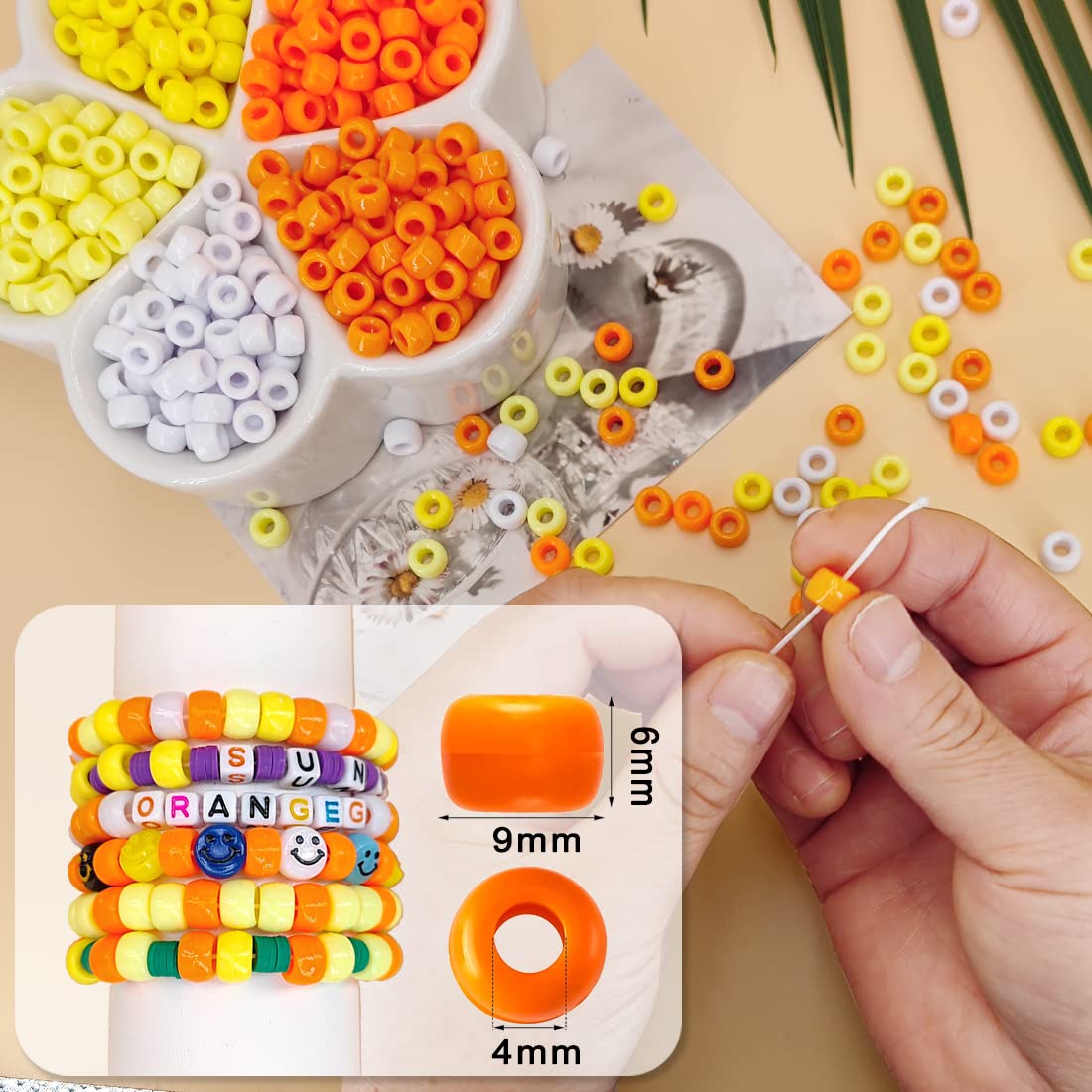 MIIIM 1000PCS 6x9mm Pony Beads Bulk, 5 Styles Yellow Pony Beads for Bracelets Making Kit, Kandi, Hair Braids Crafts for Jewelry Making (Yellow)