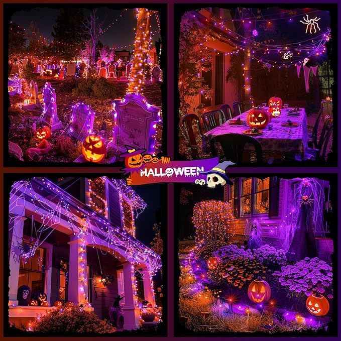 JMEXSUSS Orange and Purple Solar Halloween Lights, 2 Pack Total 400 LED Solar String Lights Outdoor Waterproof, 8 Modes Halloween Light for Outside Patio Yard Tree Decorations