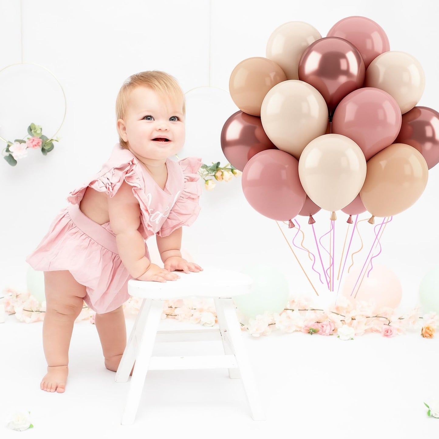 Patimate Retro Blush Pink Balloons Set, 50 pcs 12 inch Metallic Rose Gold Dusty Pink Pastel Orange Nude Latex Balloons Kit for Birthday Bridal Shower Bachelorette Boho Baby Shower Party Decorations