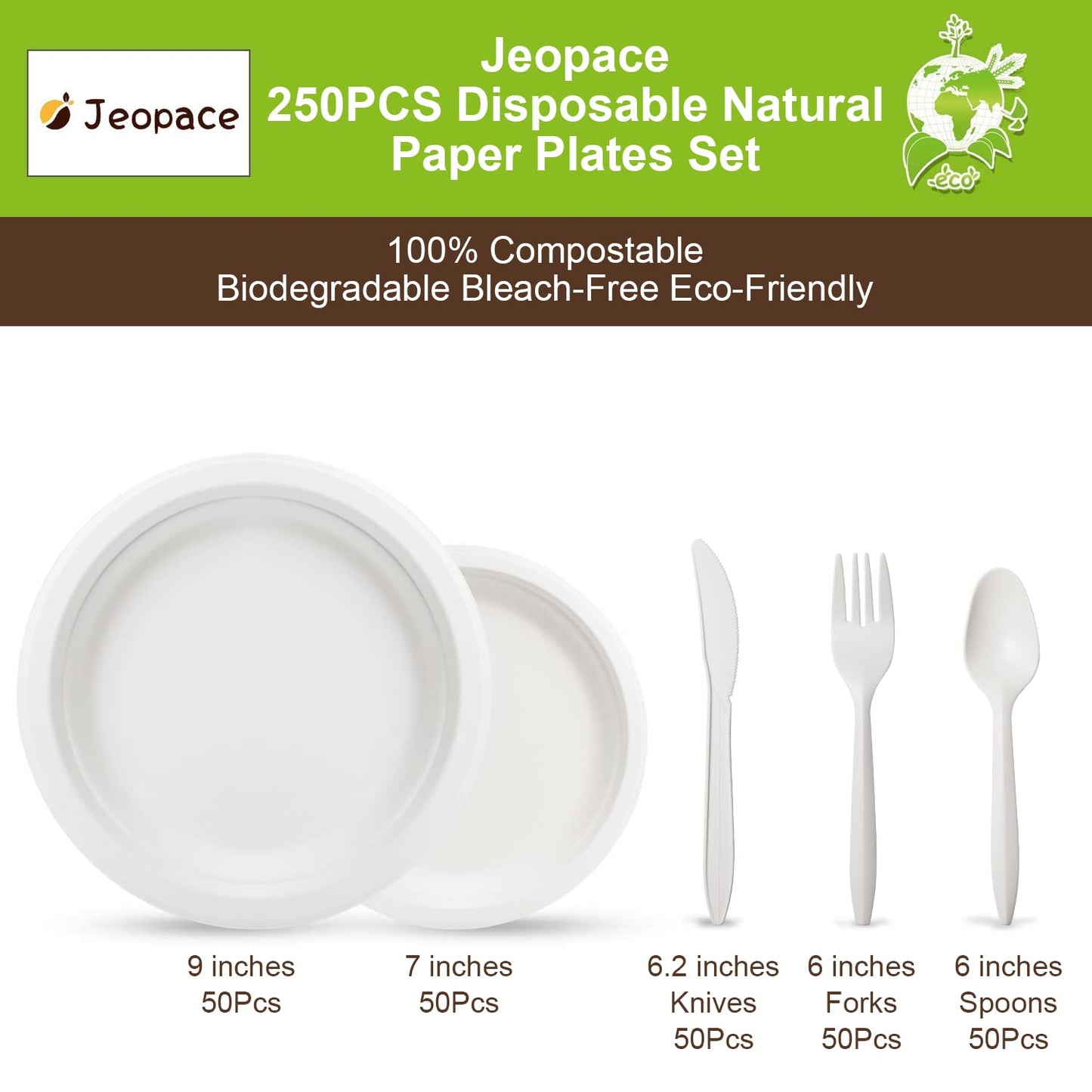 Jeopace Paper Plates Set 250PCS,Eco Paper Plates for Party,9 Inch and 7 Inch Sugarcane Bagasse Biodegradable Paper Plates,Cornstarch Forks,Knives and Spoons Plates Set for 50 People(White)