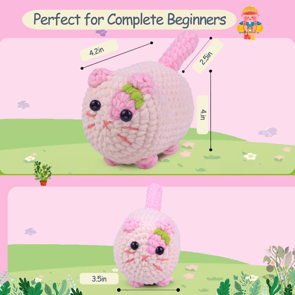 Crochet Kit for Beginners, Crochet Kit with Step-by-Step Video Tutorials, Beginner Crochet Kit for Adults, Crochet Animal Kit for Kids(Pink cat)