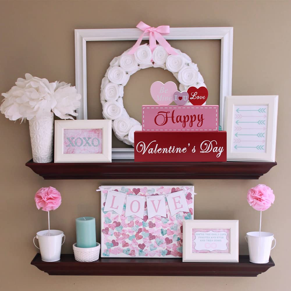 Valentines Day Decor, 3-Layered Pink Red Heart Wood Block Set Valentines Day Decoration, Happy Valentine's Day Sign Valentines Day Decorations for The Home, Living Room, Mantle, Dining Table