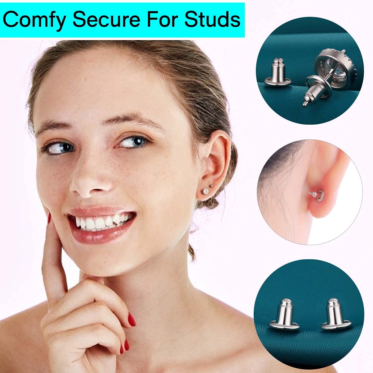 Catinee Locking Earring Backs for Studs, 14k Plated White Gold Earring Backs Secure, Hypoallergenic - 6pcs/3pair