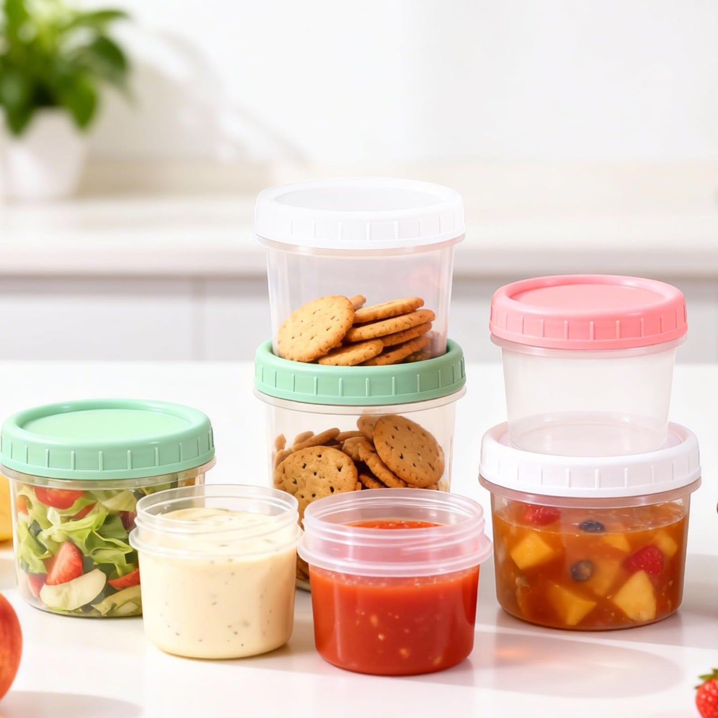 DEMORA 6 oz Small Plastic Containers with Twist on Lids [20 Sets], Stackable Little Food Storage Containers for Snack Lunch Meal Prep Salad Dressings, Freezer/Microwave/Dishwasher Safe, BPA Free