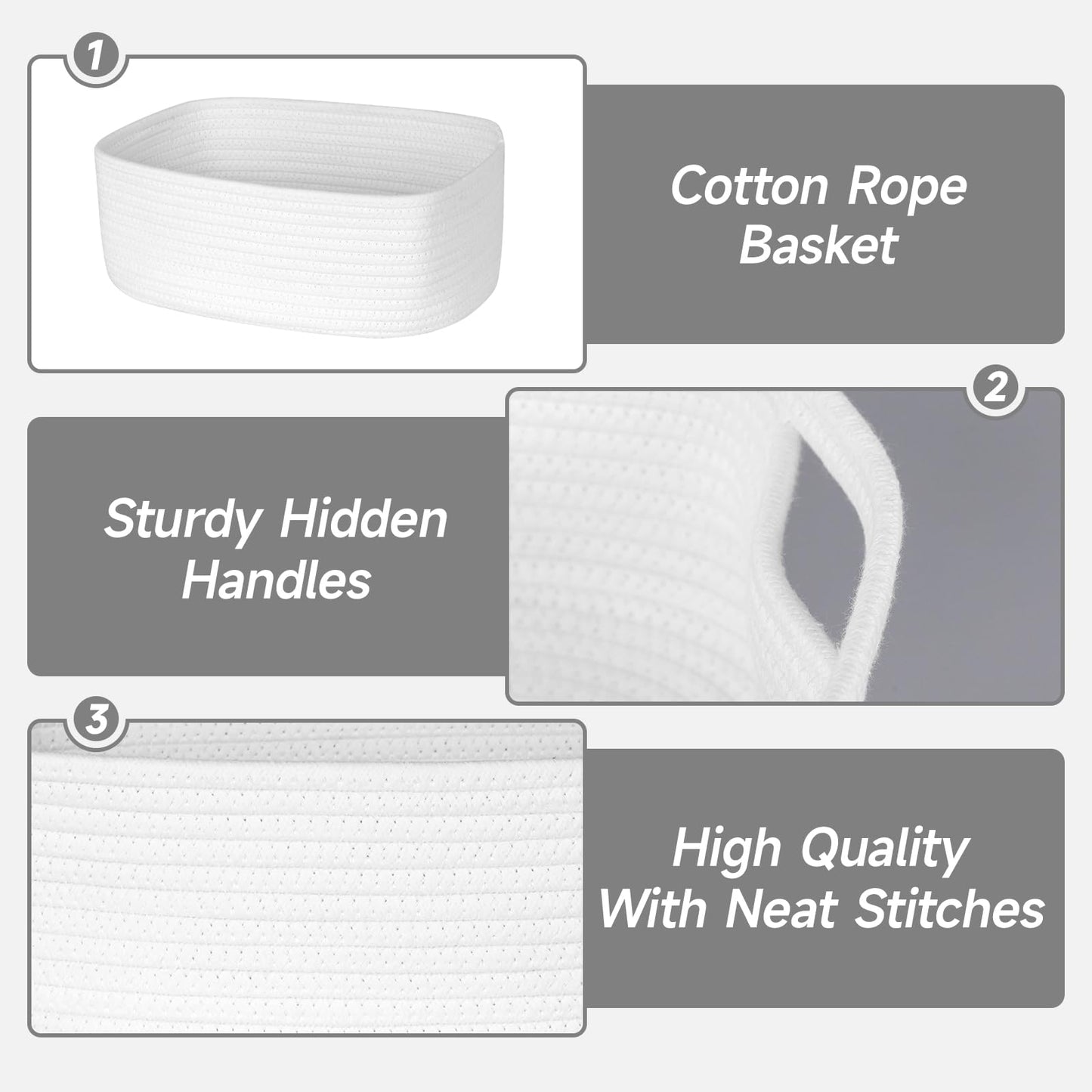 ORGMASTER Small Rope Basket 13" x 8.5" x 5.1", Woven Storage Baskets Closet Organizer Bins, Shelf Boxes for Organizing Home Office, Cat Dog Toy Box, Empty Gift Basket 2 Pack, White