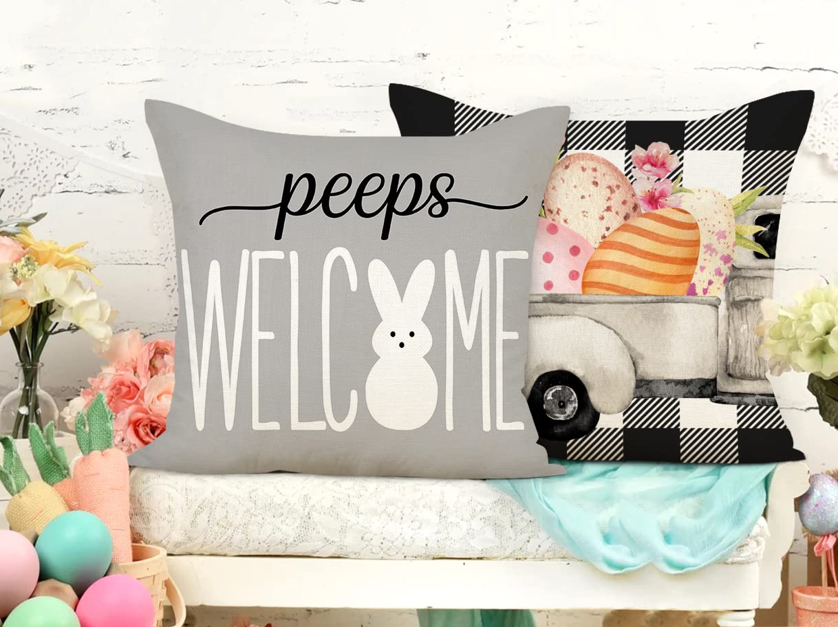 Easter Pillow Covers 18x18 Set of 4 Easter Decorations for Spring Farmhouse Pillows Easter Decorative Throw Pillows Buffalo Plaid Bunny Eggs Welcome Peeps Throw Cushion Case for Home Decor TH163