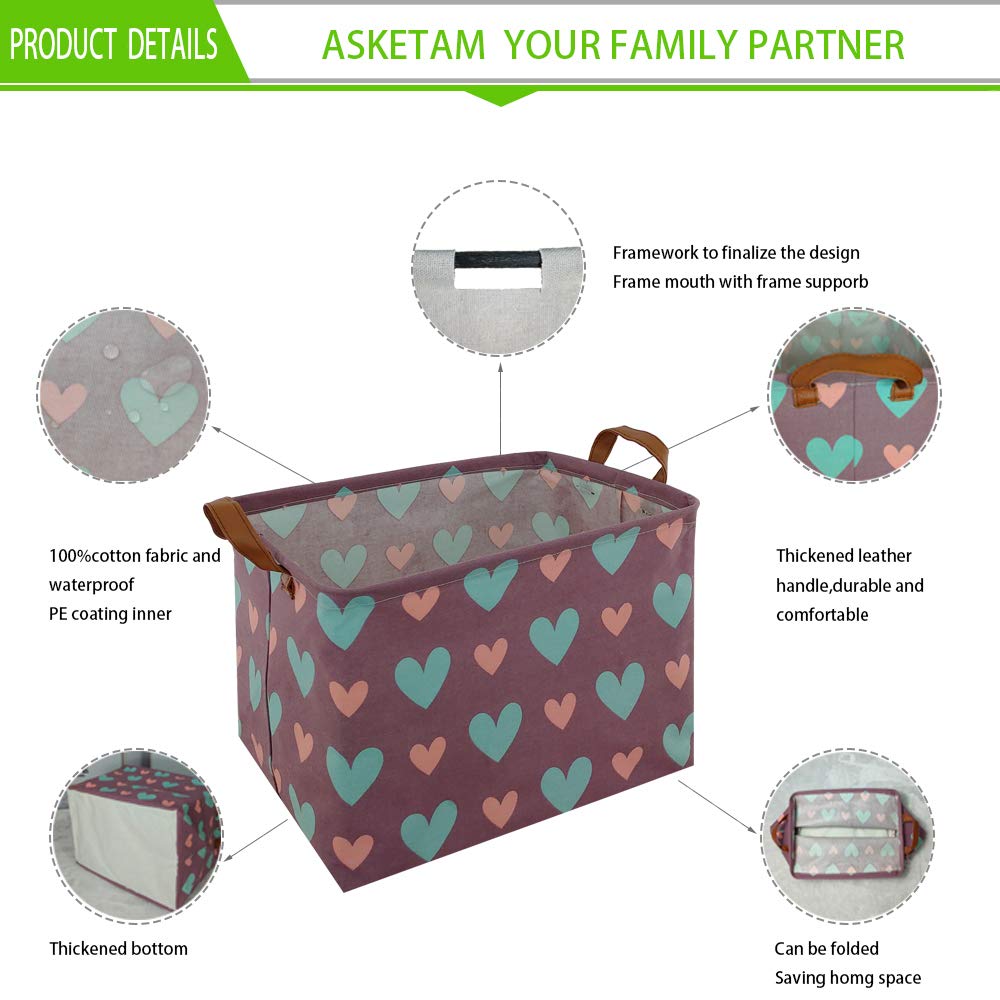 ASKETAM Kid Cute Rectangle Toy Box for Girl, Baby Collapsible Toy Storage Bin Nursery Child Playroom Bedroom Decor Clothes Storage Bin Gift Basket(Love in purple)