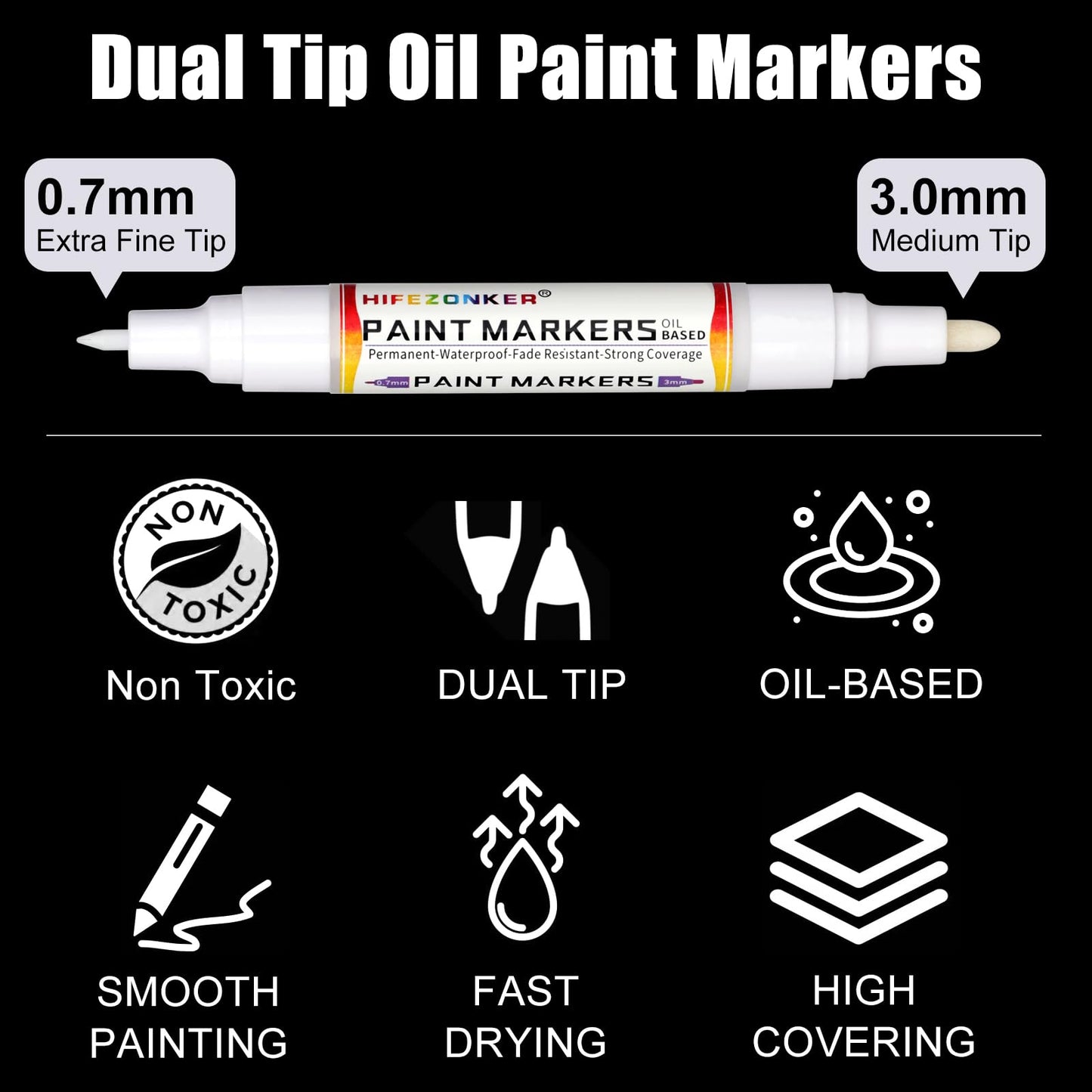 White Paint Pen White Paint Marker - 8 Pack Dual Tip Oil Based White Permanent Markers,Extra Fine Tip & Medium Fine Tip(0.7mm & 3mm),Quick Drying, Waterproof, Marker Pen for Fabric, Easter Egg, Glass