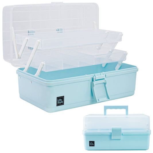 13 inch Art Craft Organizer Storage Box with 3 Layer, Multipurpose Plastic Tool Box with Handle for Sewing, Art Supply, Medicine, Nail, Hair Accessories (Blue)