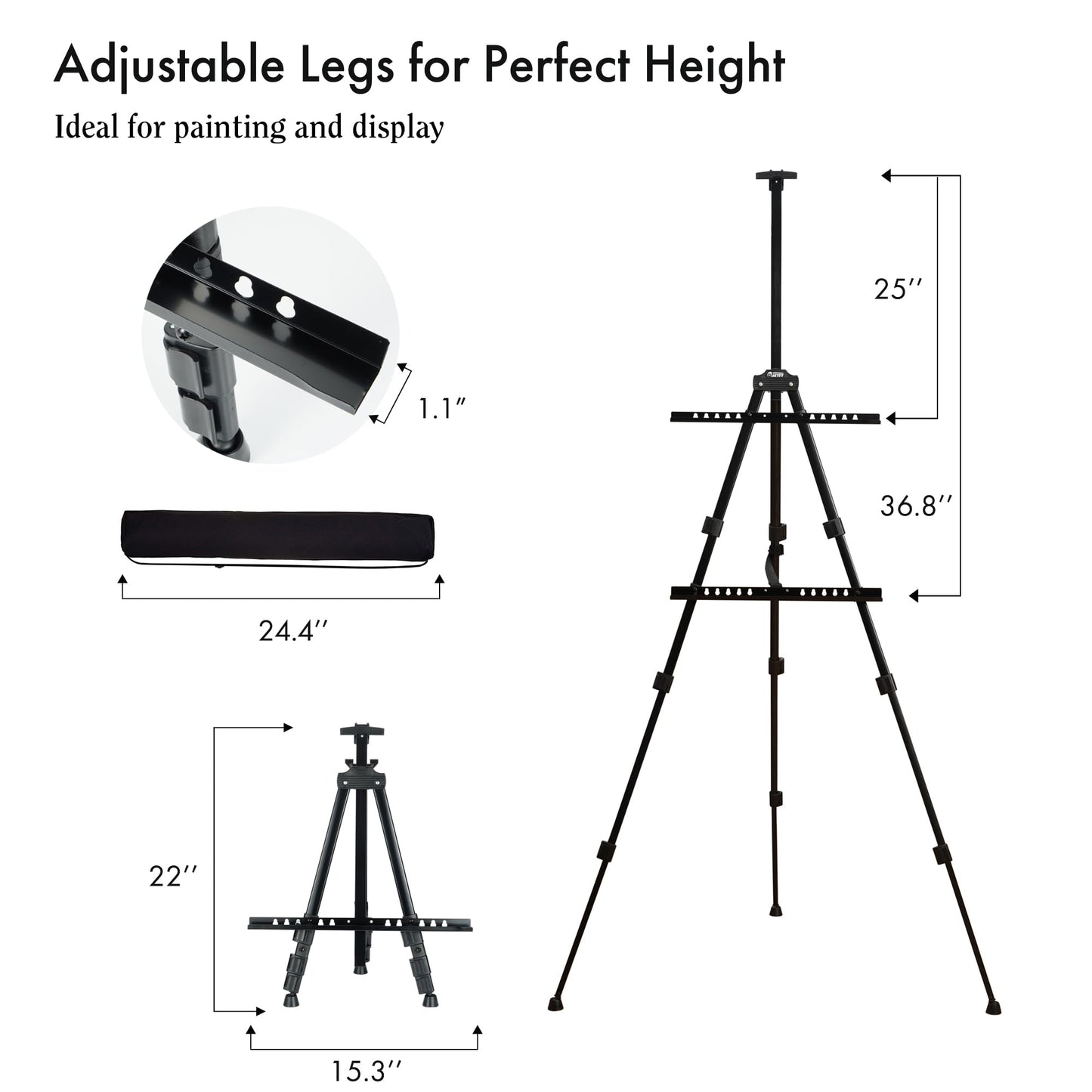 Artify Easel for Painting, Double-Tier Easel Stand, Adjustable Height from 22-66 Inches, Tripod for Painting and Display with Carrying Bag, 66 Inches, Black