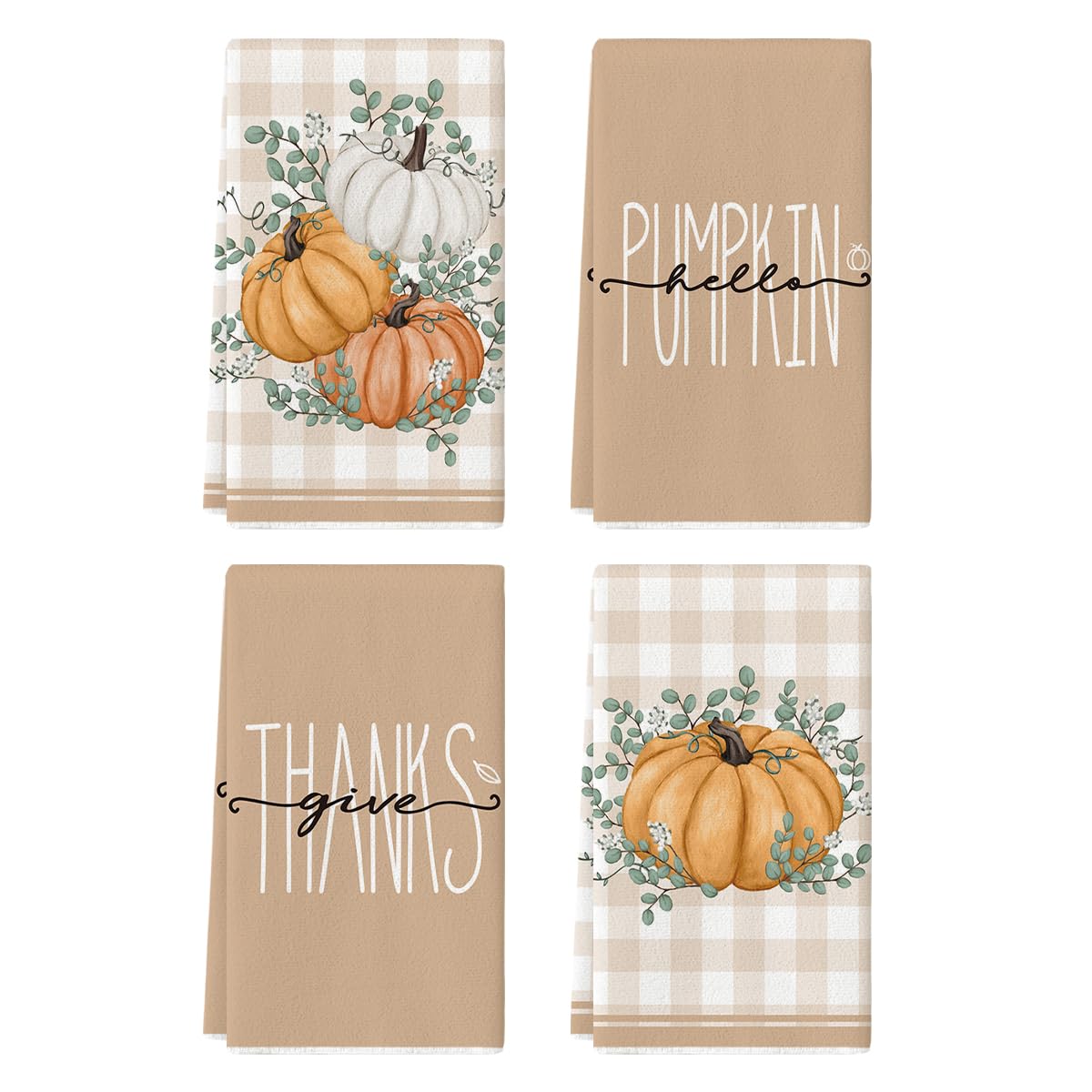 Artoid Mode Orange Eucalyptus Leaves Hello Pumpkin Fall Kitchen Towels Dish Towels, 18x26 Inch Farmhouse Give Thanks Decoration Hand Towels Set of 4
