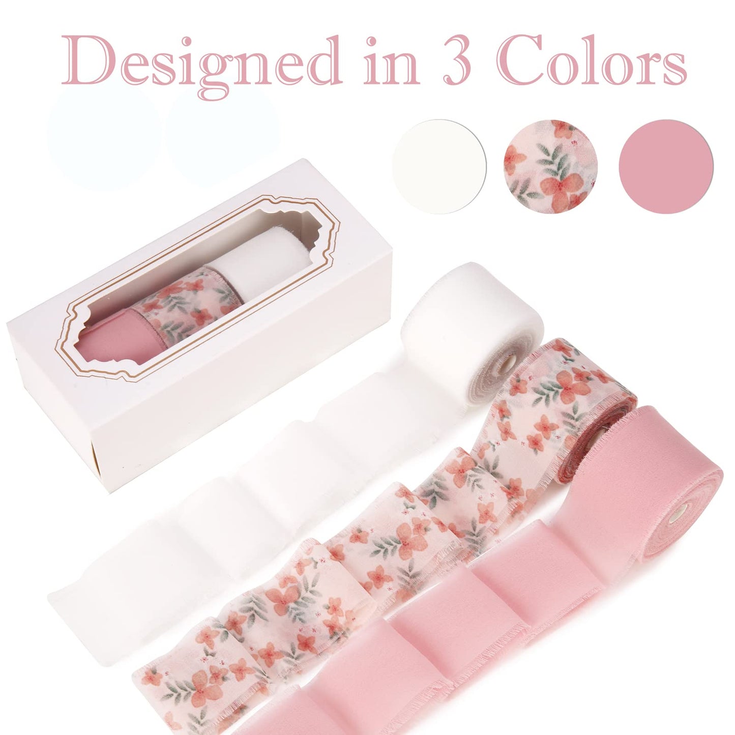 Handmade Fringe Floral Silk Chiffon Ribbons 1.5" x 7 Yards, 3 Rolls 21 Yards Pink Floral Ribbons Set for Wedding Invitations, Bridal Bouquets, Gifts Wrapping, DIY Crafts Decoration