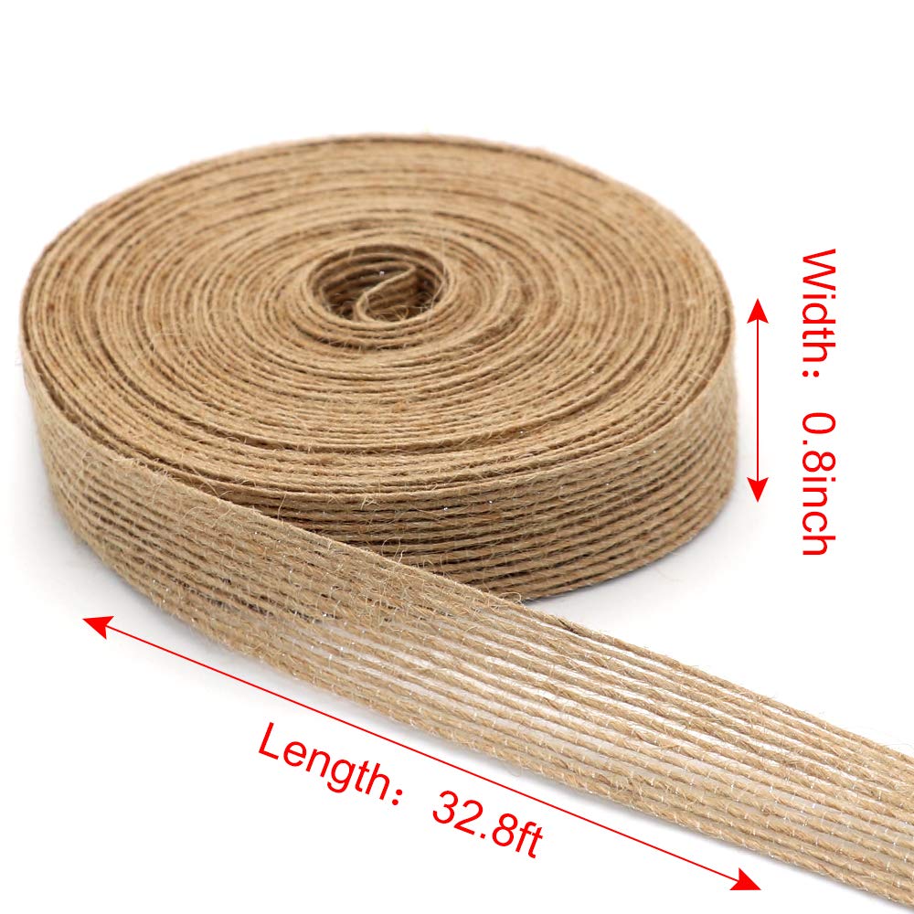 4 Rolls of Natural Burlap Fabric with Burlap Ribbon for Christmas Tree Gift Wrapping Wedding Event Party Home Bows Crafts Decoration, 11 Yards Long 0.8 inch Wide each Roll (Natural)