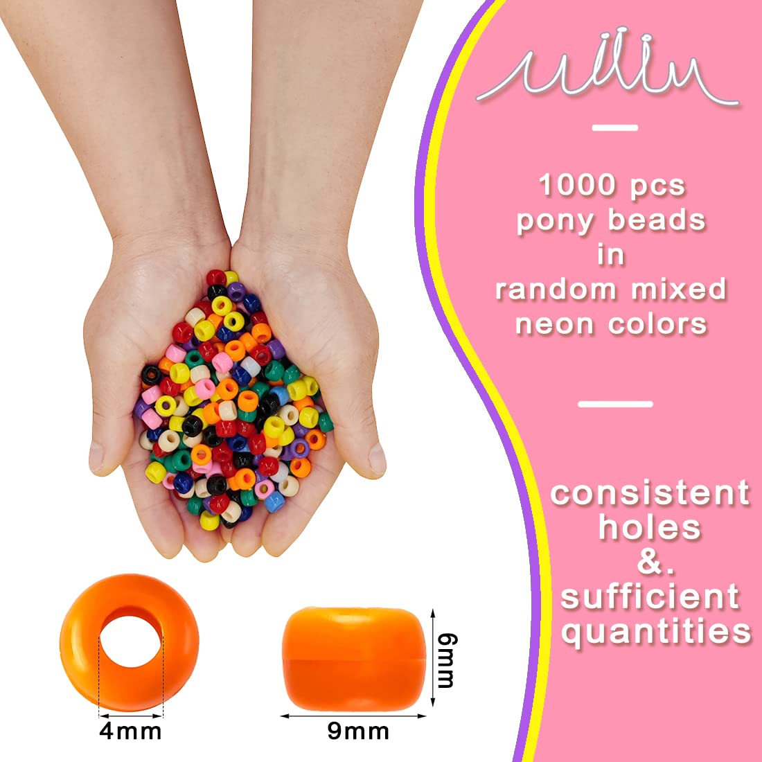 MIIIM 1000PCS 6x9mm Pony Beads Bulk, Neon Kandi Beads for Bracelets Making Kit, Hair Braids Crafts for Jewelry Making (Neon Mixed)