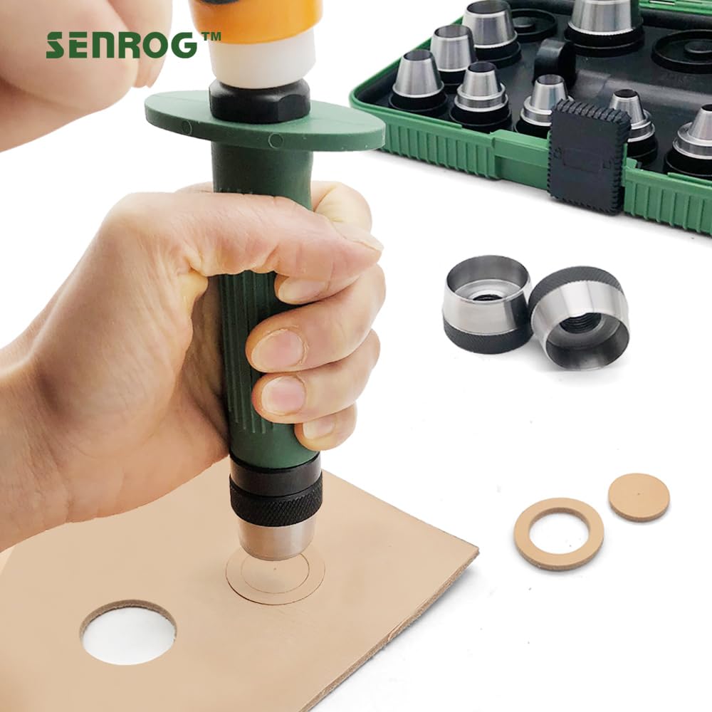 SENROG 12 in 1 Gasket Punch Set with Sharp Leather Hole Punches, Hollow Punch Set for Leather, 3/16'' to 1-1/4'' Hole Punch Kit with Handle