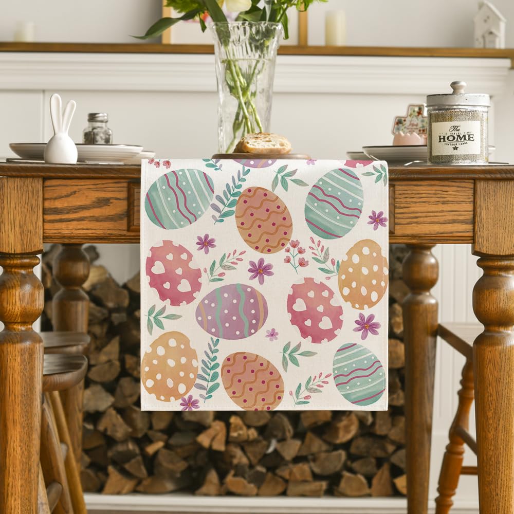 Watercolour Easter Eggs Table Runner, Seasonal Spring Kitchen Dining Table Decoration for Home Party Decor 13x72 Inch