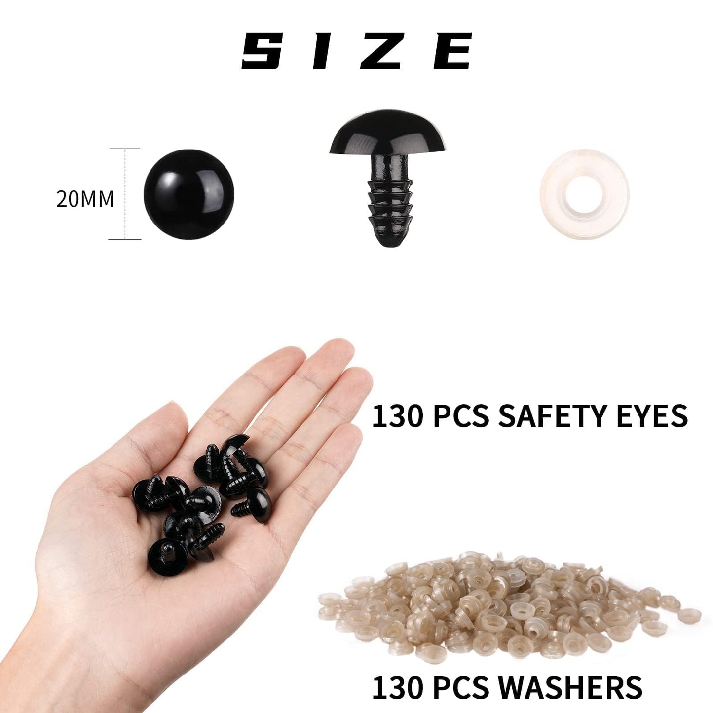 Vanblue 260pcs 20mm Safety Eyes for Amigurumi with Washers Black Safety Eyes for Crocheting Plastic Crochet Eyes for Stuffed Animals Doll Animals for Teddy Bear Crafts Making Halloween Decorations