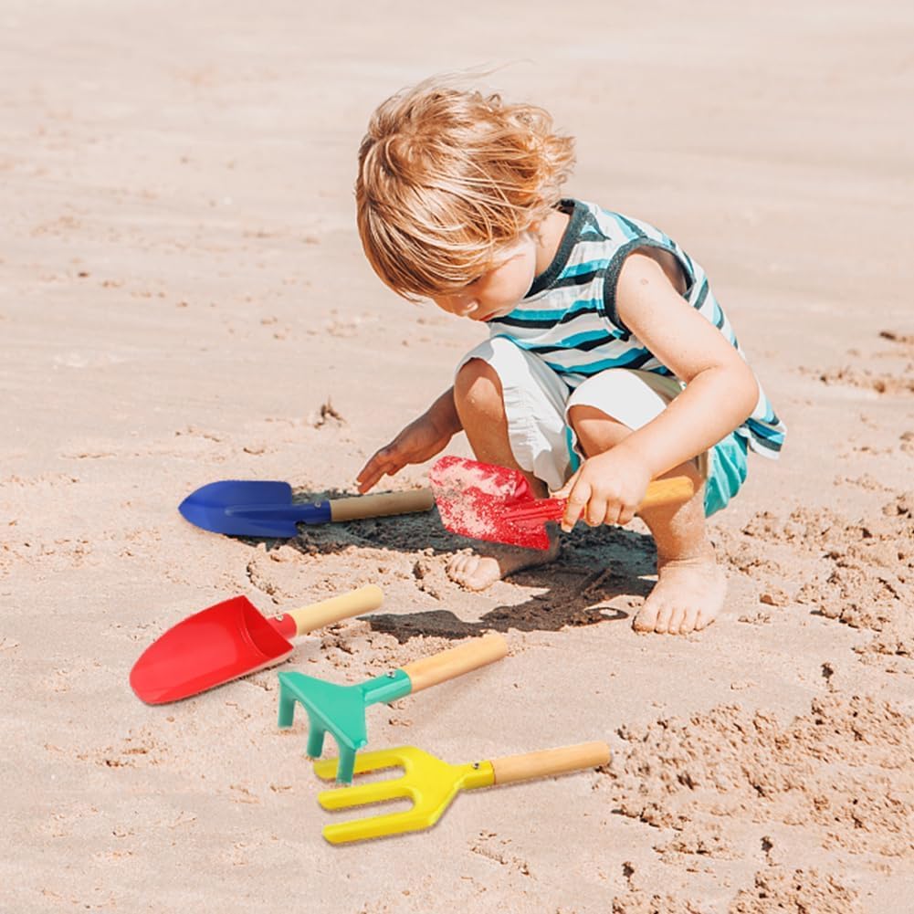 UMUACCAN Beach Toys for Kids, 6Pcs 8'' Kids Gardening Tools Sand Toys Set, Metal Garden Tools with Sturdy Wooden Handle, Cylinder, Spoon, Fork, Rake, Flat & Pointed Shovel, Gifts for Children