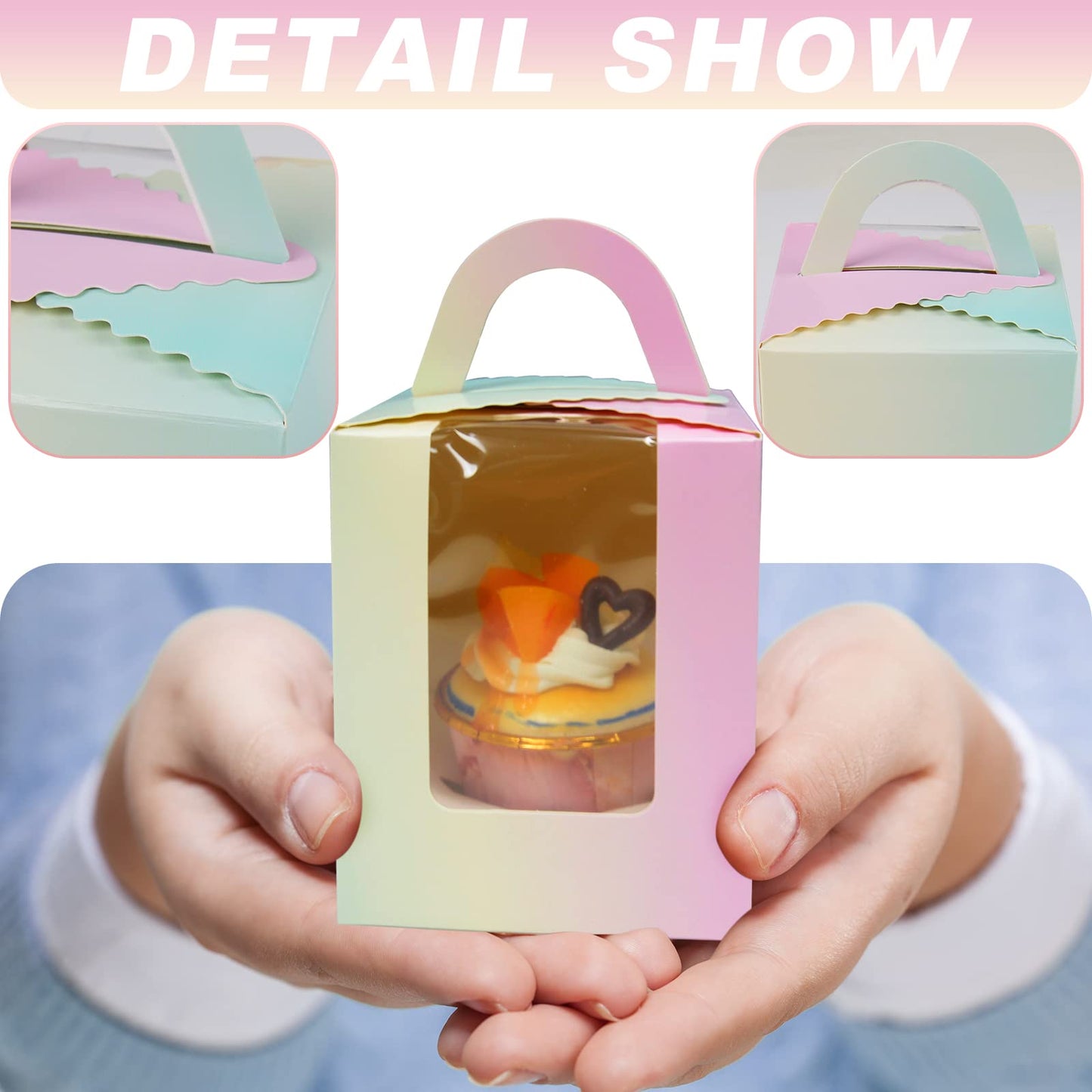 KEYIDO 30 Pcs Individual Cupcake Boxes Gradient Single Cupcake Boxes 1 Hole Cake Box with Clear Window Inserts and 2 Sheets of Stickers for Wedding Birthday Party Favors
