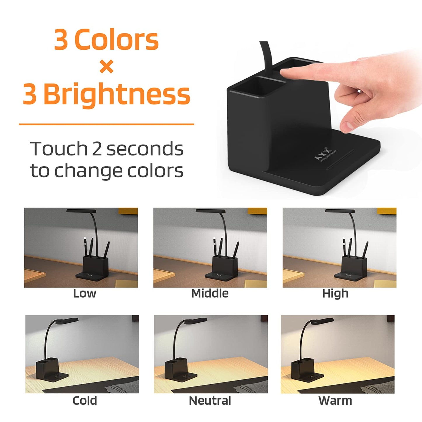 Black LED Desk Lamp for Home Office Bedroom, Battery Operated Table Light for Computer Desktop, Small, Cute, Dimmable, Rechargeable, Flexible Gooseneck, Pen Holder, Phone Mount, Touch Control