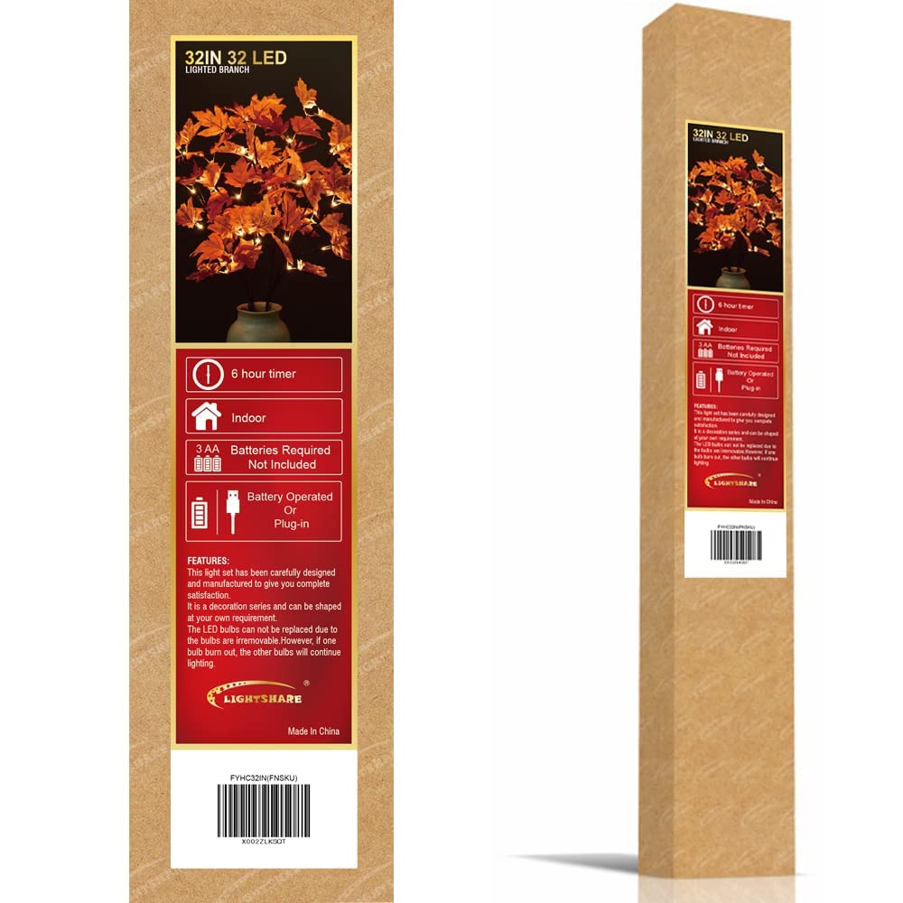 LIGHTSHARE 32IN 32LED Lighted Willow Twig Branch, Maple Leaf, Built-in Timer, USB Plug-in and Battery Powered, Décor for Home, Festival, Party, Christmas, Night Light