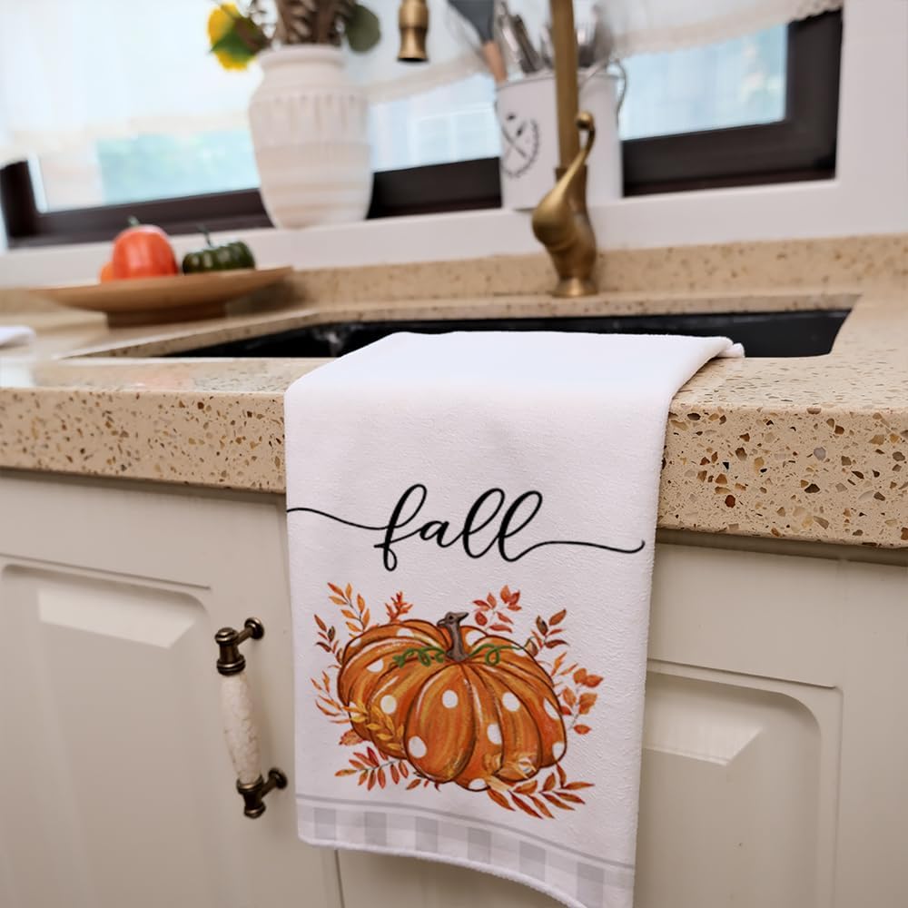 Fall Kitchen Towels Set of 2,Orange Pumpkin Grey Buffalo Check Autumn Dish Towels 18x26 Inch Drying Dishcloth,Farmhouse Home Decoration AD118