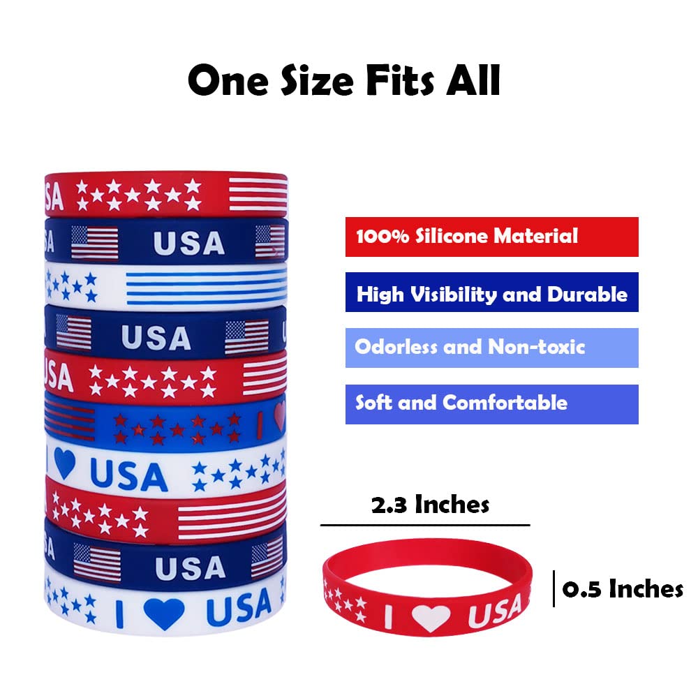 JAKADYUKS American Flag Silicone Bracelet 40Pcs, Fourth 4th of July Patriotic Party Favors, Memorial Day Veterans Day Wristband, USA Red White and Blue Decorations