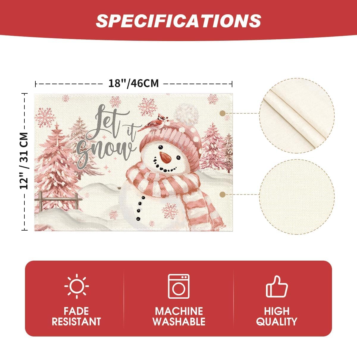 Xmas Trees Let It Snow Pink Snowman Christmas Placemats Set of 4, 12x18 Inch Winter Table Mats for Party Kitchen Dining Decoration